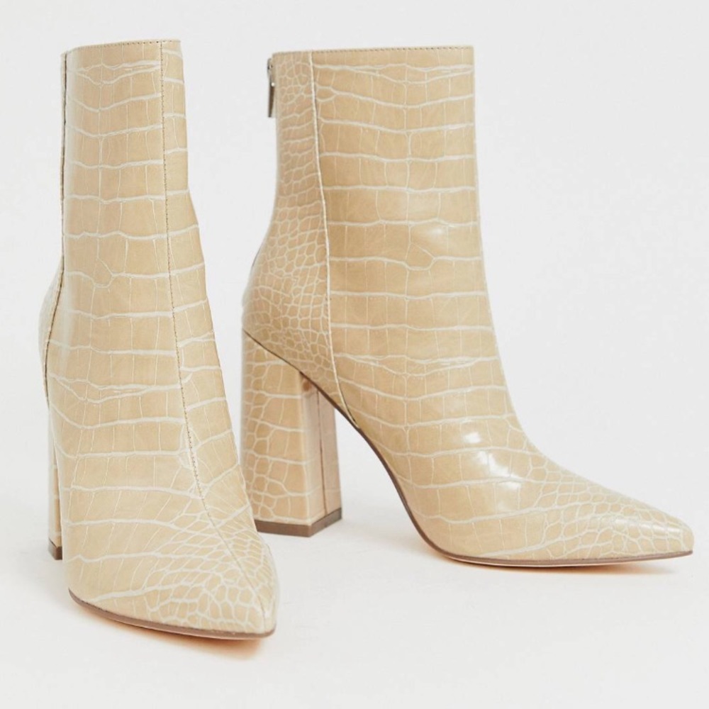 Pointed block heel boots in natural croc